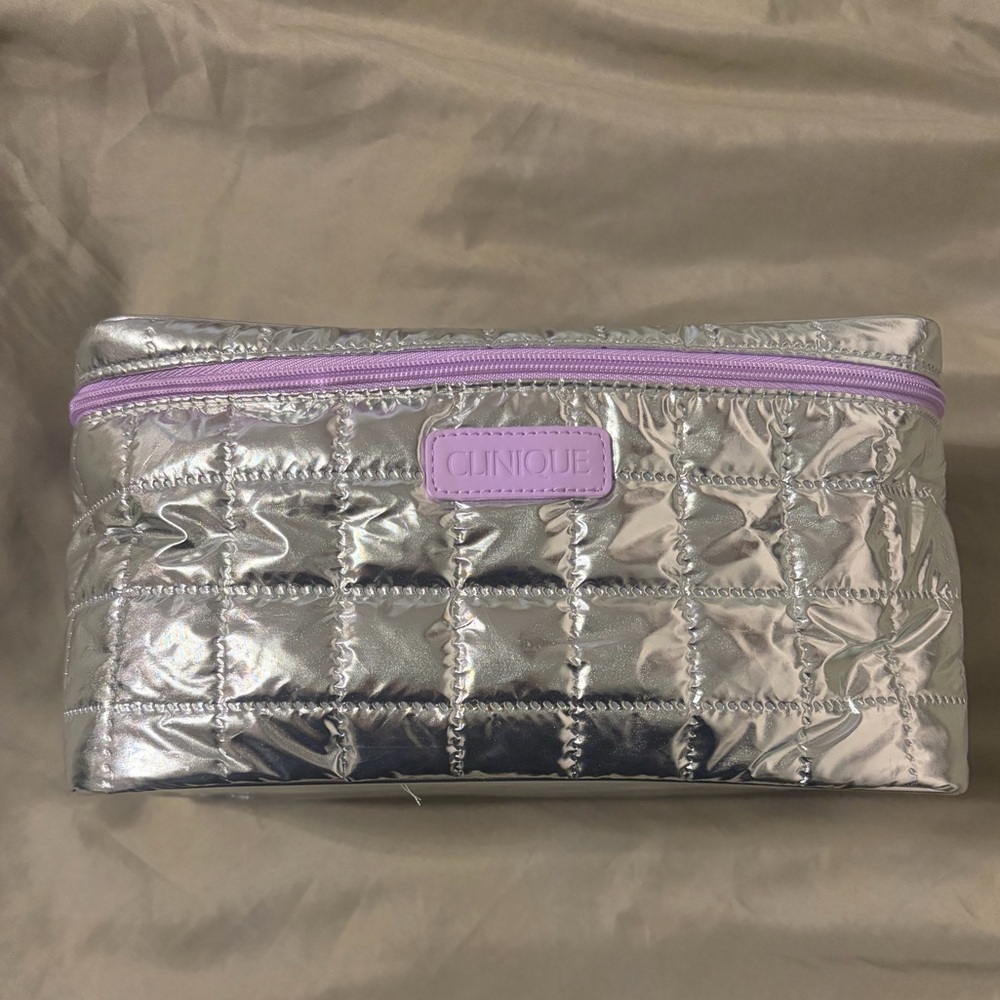 Clinique Silver Quilted Makeup Train Case Bag
